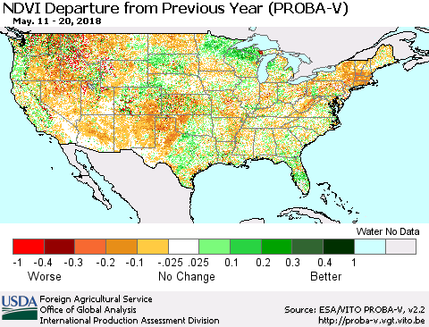 United States NDVI Departure from Previous Year (PROBA-V) Thematic Map For 5/11/2018 - 5/20/2018
