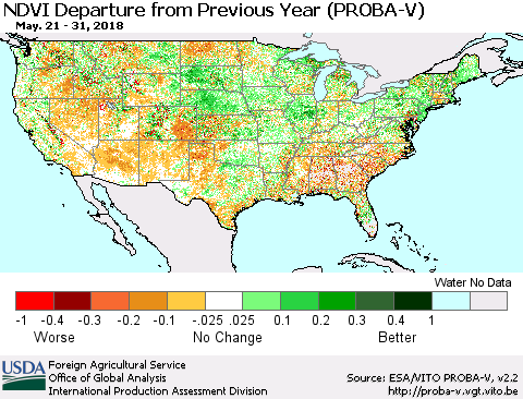 United States NDVI Departure from Previous Year (PROBA-V) Thematic Map For 5/21/2018 - 5/31/2018