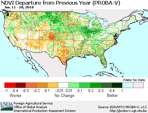 United States NDVI Departure from Previous Year (PROBA-V) Thematic Map For 6/11/2018 - 6/20/2018