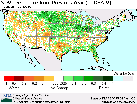 United States NDVI Departure from Previous Year (PROBA-V) Thematic Map For 6/21/2018 - 6/30/2018