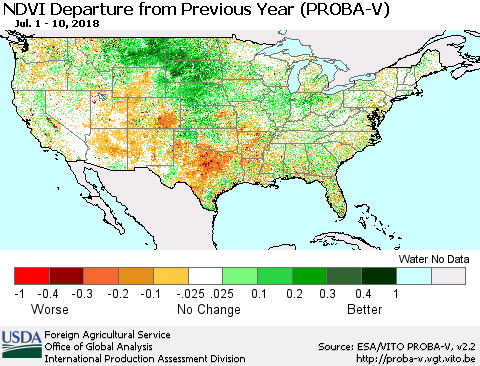 United States NDVI Departure from Previous Year (PROBA-V) Thematic Map For 7/1/2018 - 7/10/2018