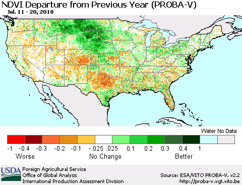 United States NDVI Departure from Previous Year (PROBA-V) Thematic Map For 7/11/2018 - 7/20/2018