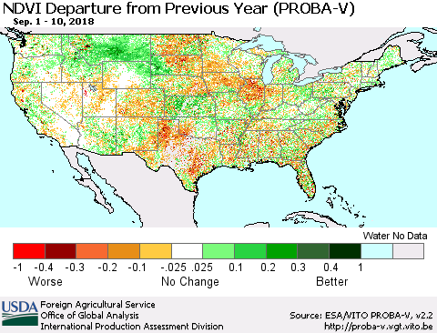 United States NDVI Departure from Previous Year (PROBA-V) Thematic Map For 9/1/2018 - 9/10/2018