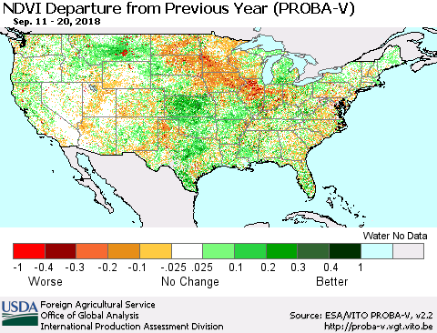 United States NDVI Departure from Previous Year (PROBA-V) Thematic Map For 9/11/2018 - 9/20/2018