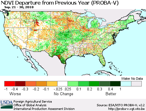 United States NDVI Departure from Previous Year (PROBA-V) Thematic Map For 9/21/2018 - 9/30/2018