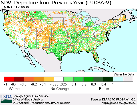 United States NDVI Departure from Previous Year (PROBA-V) Thematic Map For 10/1/2018 - 10/10/2018