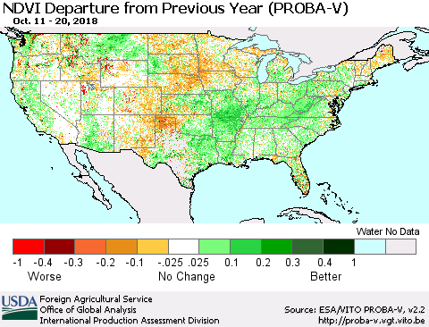 United States NDVI Departure from Previous Year (PROBA-V) Thematic Map For 10/11/2018 - 10/20/2018
