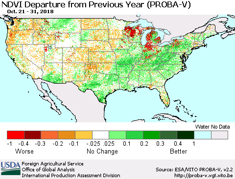 United States NDVI Departure from Previous Year (PROBA-V) Thematic Map For 10/21/2018 - 10/31/2018