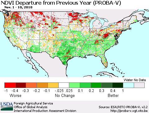 United States NDVI Departure from Previous Year (PROBA-V) Thematic Map For 11/1/2018 - 11/10/2018