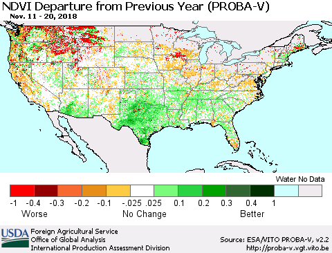 United States NDVI Departure from Previous Year (PROBA-V) Thematic Map For 11/11/2018 - 11/20/2018