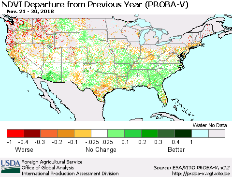 United States NDVI Departure from Previous Year (PROBA-V) Thematic Map For 11/21/2018 - 11/30/2018