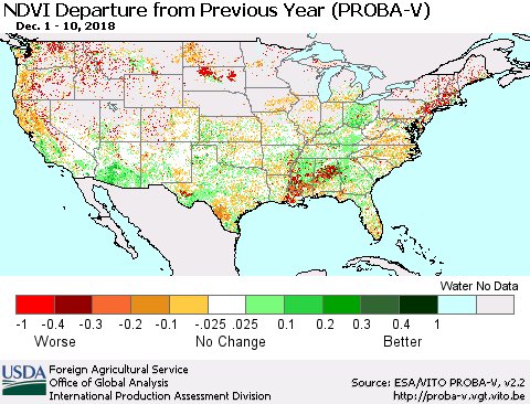 United States NDVI Departure from Previous Year (PROBA-V) Thematic Map For 12/1/2018 - 12/10/2018