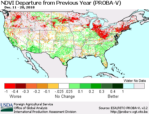 United States NDVI Departure from Previous Year (PROBA-V) Thematic Map For 12/11/2018 - 12/20/2018