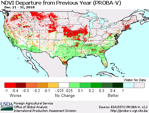 United States NDVI Departure from Previous Year (PROBA-V) Thematic Map For 12/21/2018 - 12/31/2018