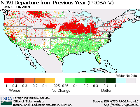 United States NDVI Departure from Previous Year (PROBA-V) Thematic Map For 1/1/2019 - 1/10/2019