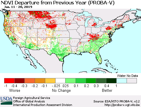 United States NDVI Departure from Previous Year (PROBA-V) Thematic Map For 1/11/2019 - 1/20/2019