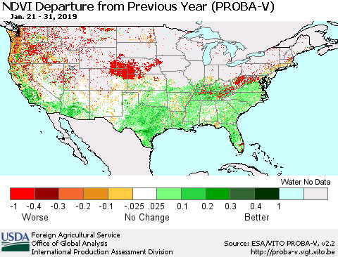 United States NDVI Departure from Previous Year (PROBA-V) Thematic Map For 1/21/2019 - 1/31/2019