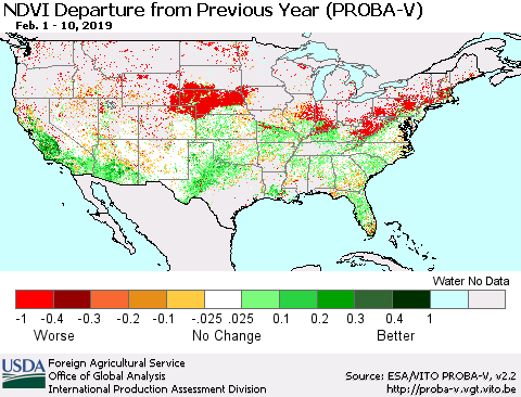 United States NDVI Departure from Previous Year (PROBA-V) Thematic Map For 2/1/2019 - 2/10/2019