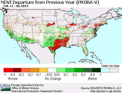 United States NDVI Departure from Previous Year (PROBA-V) Thematic Map For 2/11/2019 - 2/20/2019