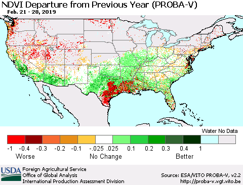 United States NDVI Departure from Previous Year (PROBA-V) Thematic Map For 2/21/2019 - 2/28/2019