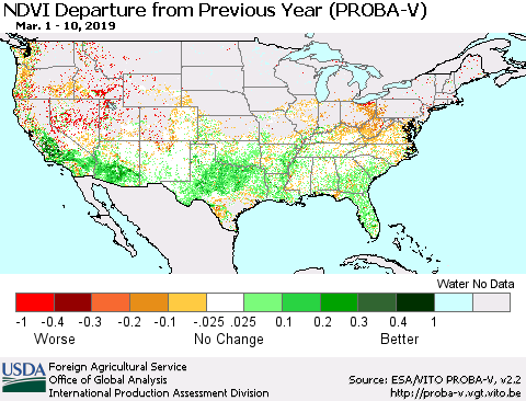 United States NDVI Departure from Previous Year (PROBA-V) Thematic Map For 3/1/2019 - 3/10/2019