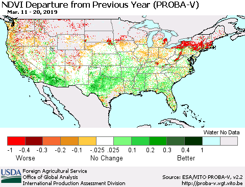United States NDVI Departure from Previous Year (PROBA-V) Thematic Map For 3/11/2019 - 3/20/2019