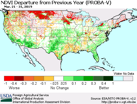 United States NDVI Departure from Previous Year (PROBA-V) Thematic Map For 3/21/2019 - 3/31/2019