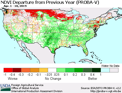United States NDVI Departure from Previous Year (PROBA-V) Thematic Map For 4/1/2019 - 4/10/2019