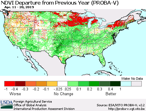 United States NDVI Departure from Previous Year (PROBA-V) Thematic Map For 4/11/2019 - 4/20/2019