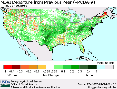 United States NDVI Departure from Previous Year (PROBA-V) Thematic Map For 4/21/2019 - 4/30/2019