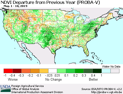 United States NDVI Departure from Previous Year (PROBA-V) Thematic Map For 5/1/2019 - 5/10/2019