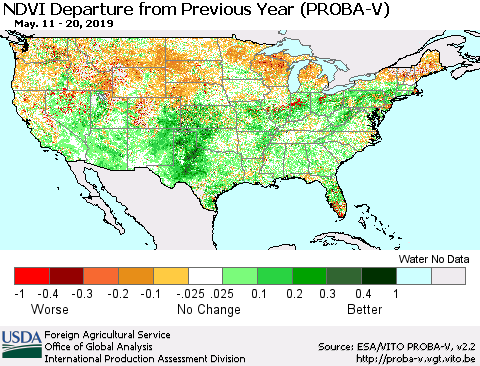 United States NDVI Departure from Previous Year (PROBA-V) Thematic Map For 5/11/2019 - 5/20/2019