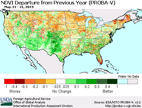 United States NDVI Departure from Previous Year (PROBA-V) Thematic Map For 5/21/2019 - 5/31/2019