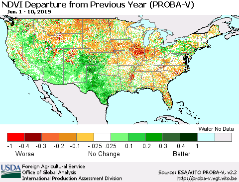 United States NDVI Departure from Previous Year (PROBA-V) Thematic Map For 6/1/2019 - 6/10/2019