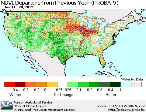United States NDVI Departure from Previous Year (PROBA-V) Thematic Map For 6/11/2019 - 6/20/2019