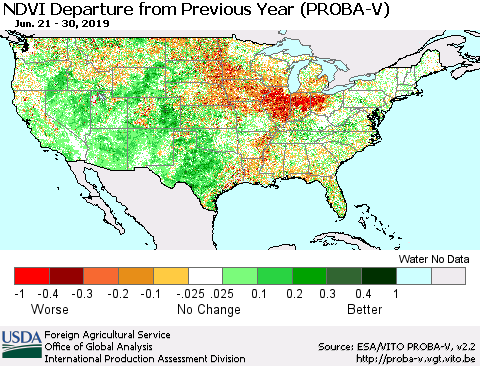 United States NDVI Departure from Previous Year (PROBA-V) Thematic Map For 6/21/2019 - 6/30/2019