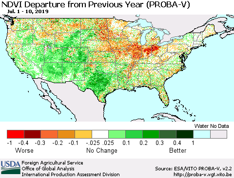 United States NDVI Departure from Previous Year (PROBA-V) Thematic Map For 7/1/2019 - 7/10/2019