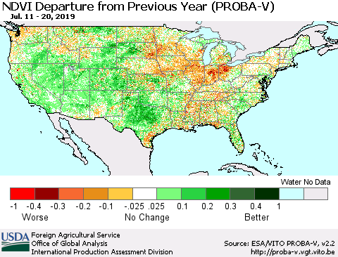 United States NDVI Departure from Previous Year (PROBA-V) Thematic Map For 7/11/2019 - 7/20/2019