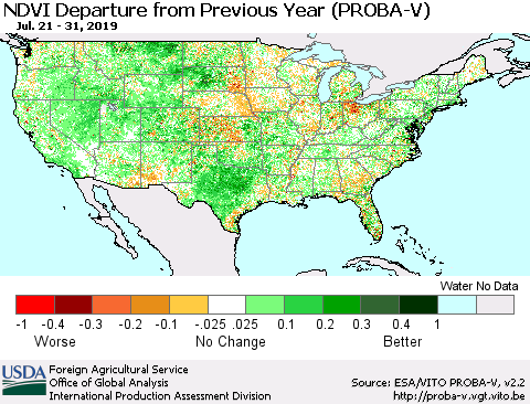 United States NDVI Departure from Previous Year (PROBA-V) Thematic Map For 7/21/2019 - 7/31/2019