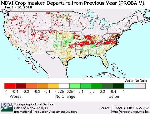 United States NDVI Crop-masked Departure from Previous Year (PROBA-V) Thematic Map For 1/1/2018 - 1/10/2018