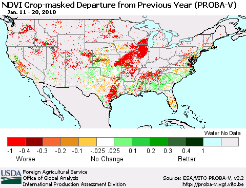 United States NDVI Crop-masked Departure from Previous Year (PROBA-V) Thematic Map For 1/11/2018 - 1/20/2018