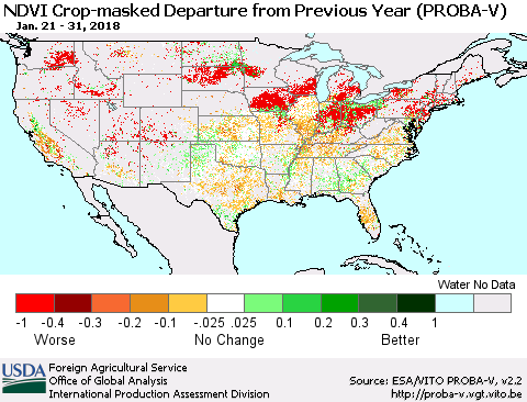 United States NDVI Crop-masked Departure from Previous Year (PROBA-V) Thematic Map For 1/21/2018 - 1/31/2018