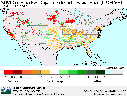 United States NDVI Crop-masked Departure from Previous Year (PROBA-V) Thematic Map For 2/1/2018 - 2/10/2018