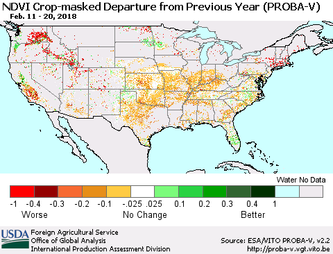 United States NDVI Crop-masked Departure from Previous Year (PROBA-V) Thematic Map For 2/11/2018 - 2/20/2018