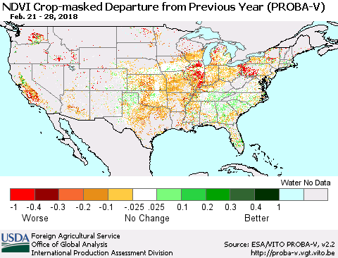 United States NDVI Crop-masked Departure from Previous Year (PROBA-V) Thematic Map For 2/21/2018 - 2/28/2018