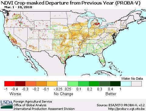 United States NDVI Crop-masked Departure from Previous Year (PROBA-V) Thematic Map For 3/1/2018 - 3/10/2018