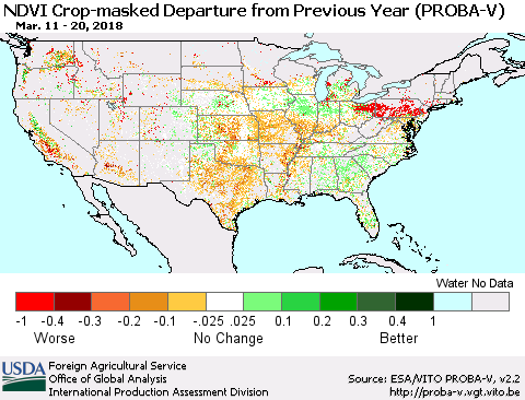 United States NDVI Crop-masked Departure from Previous Year (PROBA-V) Thematic Map For 3/11/2018 - 3/20/2018