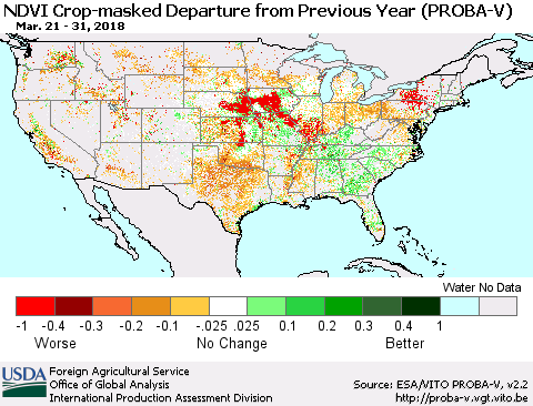 United States NDVI Crop-masked Departure from Previous Year (PROBA-V) Thematic Map For 3/21/2018 - 3/31/2018