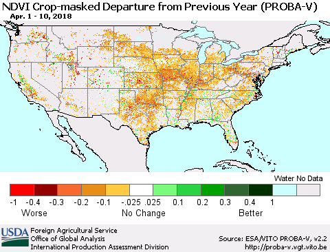 United States NDVI Crop-masked Departure from Previous Year (PROBA-V) Thematic Map For 4/1/2018 - 4/10/2018
