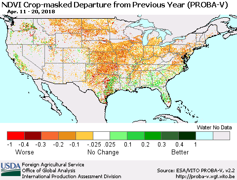 United States NDVI Crop-masked Departure from Previous Year (PROBA-V) Thematic Map For 4/11/2018 - 4/20/2018